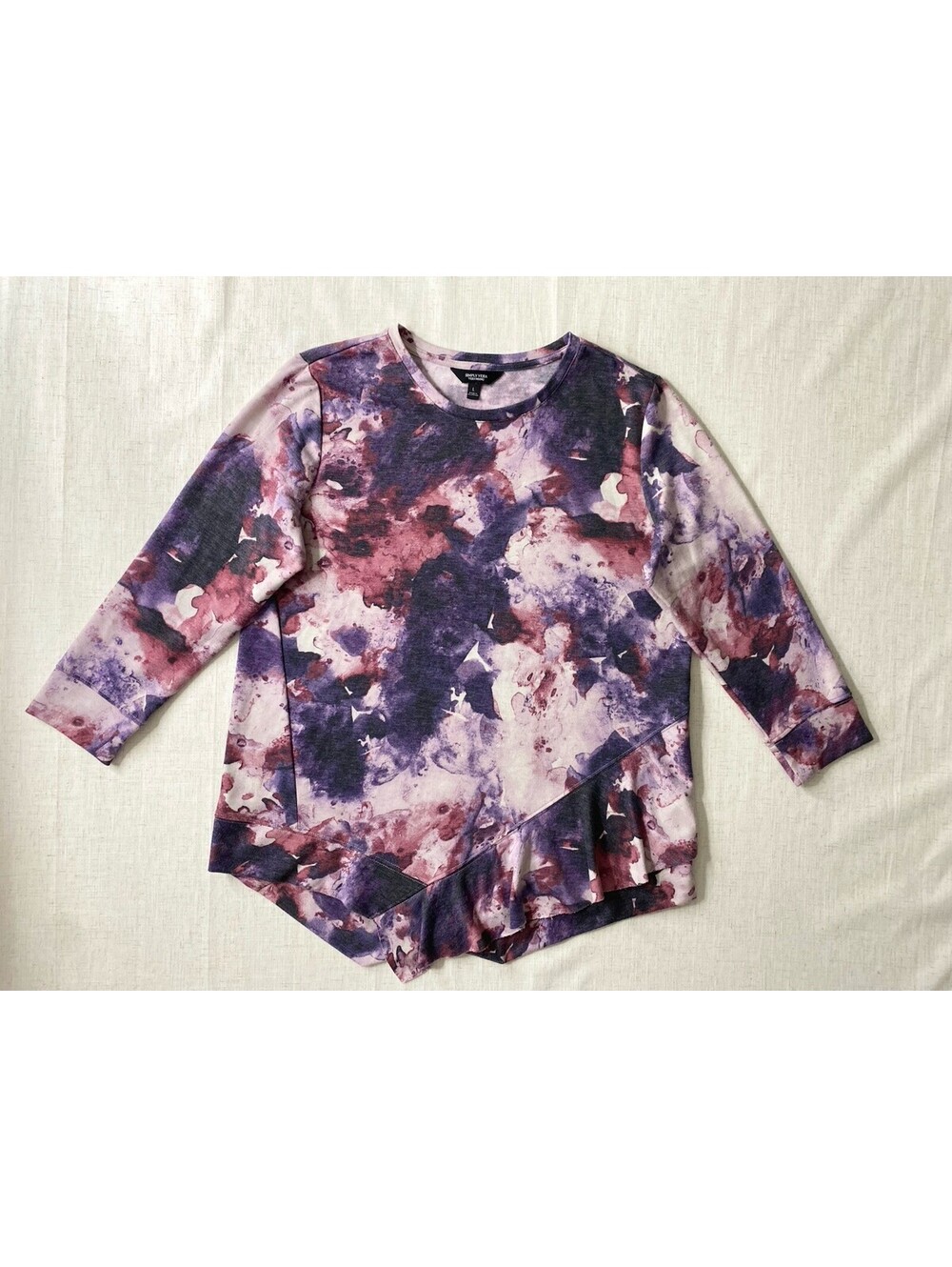 Simply Vera Vera Wang Women’s L Top Purple Watercolor Abstract Ruffle Asymmetric
